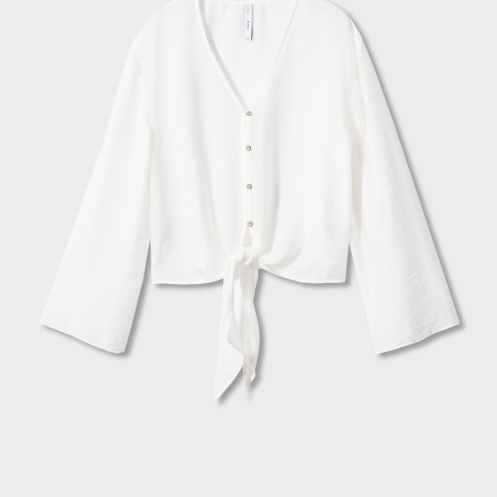 Mango White Tie Front Flared Sleeve Blouse Long Sleeve Boho Chic NWT Sz M #135 - Picture 5 of 14